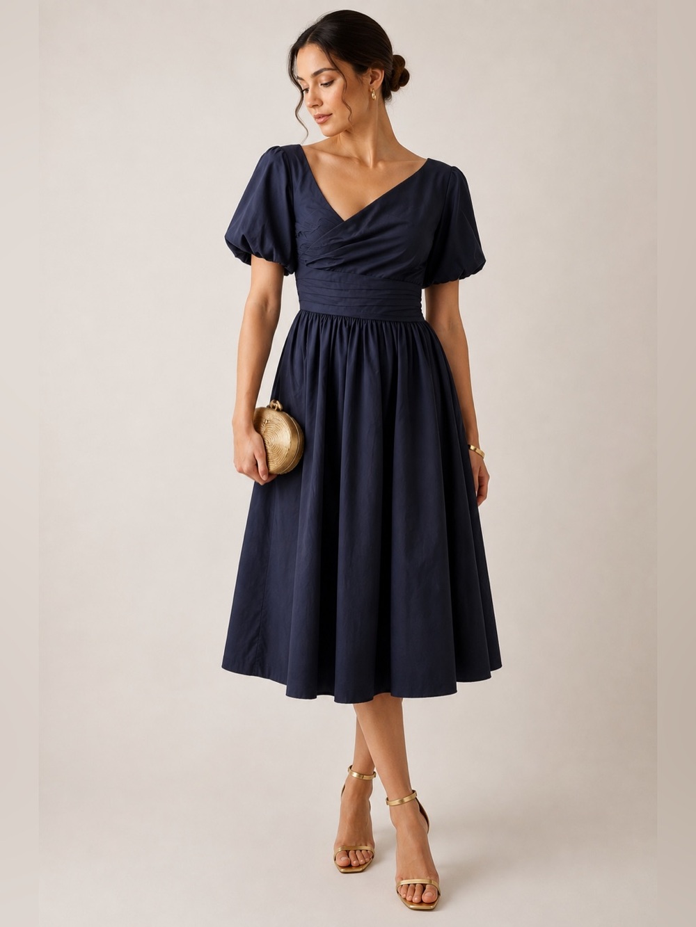 Shoshanna Jordan Navy Blue Ruched Asymmetrical Puff Sleeve Cotton Midi Dress 2